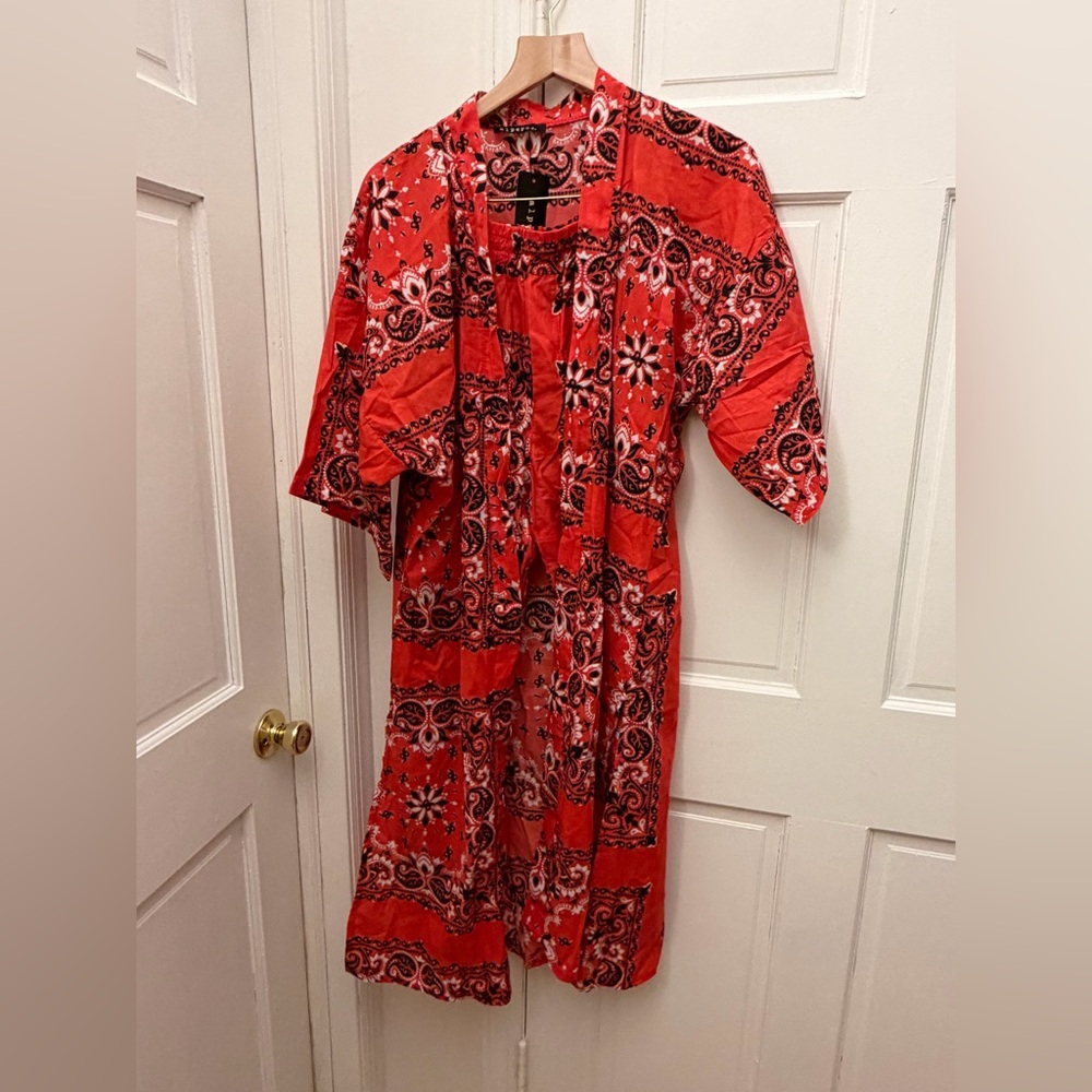 Red Paisley Kimono Robe and Pants Set